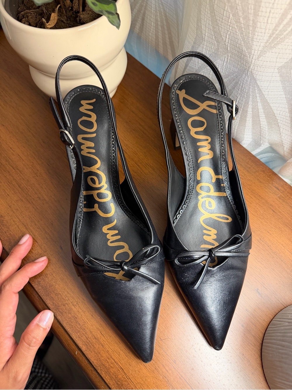 Sam Edelman Black Pointed-Toe Slingback Heels with Bow